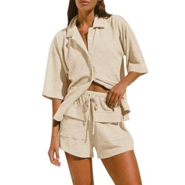 ARTFREE 2 Piece Pajama Sets for Women Summer Casual Lounge Short Sleeve Button Down Shirts and Shorts Beach Set with Pockets