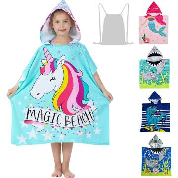 Athaelay Soft Swim Cover-ups for 3 to 10 Years Old Kids Girls Hooded Bath Beach Poncho Towels (Magic Unicorn, with Drawstring Bag)