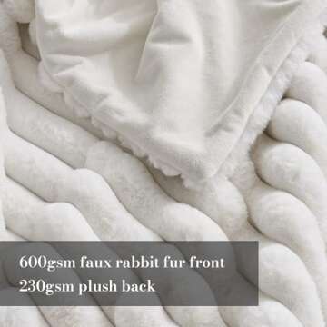 Amélie Home Faux Fur Throw Blanket for Couch, Rabbit Fur Warm Luxurious Soft Striped Cozy Fluffy Plush Gift Blankets for Family Sofa Chair Bed Living Room,Ivory,55 x 70 inch