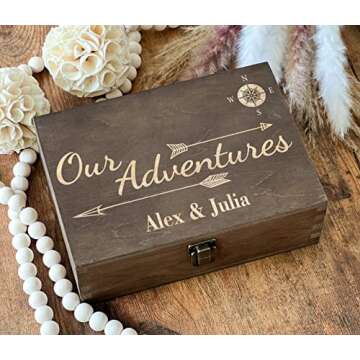 Our Adventures Box, 8.5 in x 8 in x 2.5 in, Wooden Box, Keepsake Box, Memory Box, Gift box, 5th Anniversary Gift, Unique Gift Ideas, Travel, Wooden Anniversary Gift (Custom Engraving)