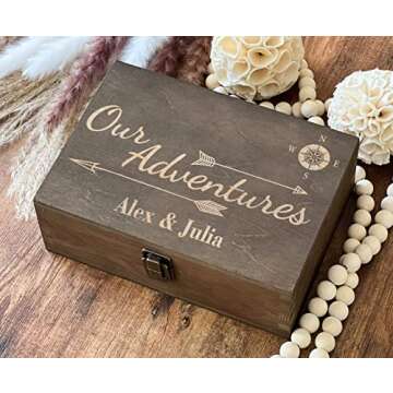 Our Adventures Box, 8.5 in x 8 in x 2.5 in, Wooden Box, Keepsake Box, Memory Box, Gift box, 5th Anniversary Gift, Unique Gift Ideas, Travel, Wooden Anniversary Gift (Custom Engraving)