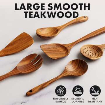 Zulay Kitchen Extra-Large 6-Piece Wooden Spoon Set for Cooking - Smooth Teak Wooden Utensils - Comfort-Grip Non-Stick Wooden Cooking Spoons - Large Wooden Turner, Spatula, Skimmer, Fork, Serving Spoon