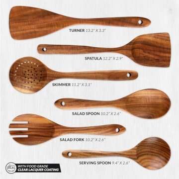 Zulay Kitchen Extra-Large 6-Piece Wooden Spoon Set for Cooking - Smooth Teak Wooden Utensils - Comfort-Grip Non-Stick Wooden Cooking Spoons - Large Wooden Turner, Spatula, Skimmer, Fork, Serving Spoon