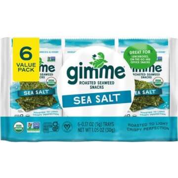 Gimme Seaweed - Sea Salt - 6 Count - Organic Roasted Seaweed Sheets - Keto, Vegan, Gluten Free - Great Source of Iodine & Omega 3’s - Healthy On-The-Go Snack for Kids & Adults