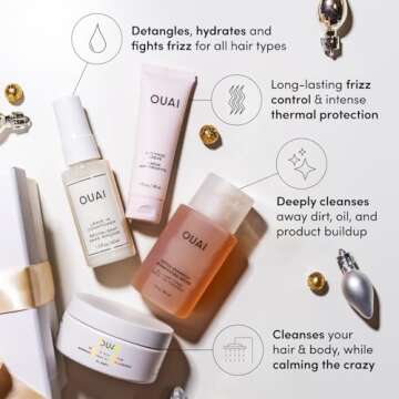 OUAI Jingle All The OUAI Travel Size Gift Set - Travel Size Hair & Body Care Set - Includes Detox Shampoo, Deluxe Anti Frizz Cream, Leave In Conditioner, Scalp & Body Scrub (4 Count)