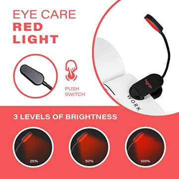 hooga Red Book Light, Rechargeable Clip On 625nm LED Light for Reading in Bed. No Blue Light Emitted, Eye Care Light for Strain-Free, Healthy Eyes. Gift for Students, Kids, Travel, Nursing, Studying.