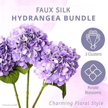 Butterfly Craze Purple Artificial Hydrangeas - Faux Silk Flowers for Wedding Bouquets, Fake Flower Arrangements, Home and Office Decorations, Can Be Paired With Dried Roses, 3 Stems per Bundle, Purple