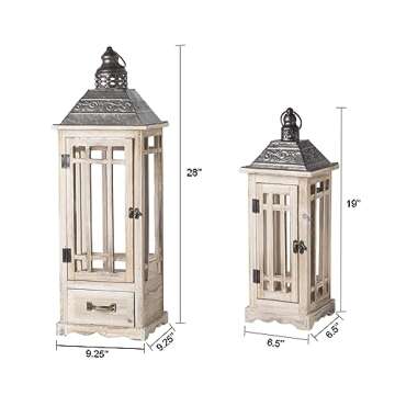 TIMRIS Large Rustic Wooden Metal Decorative Lantern Set of 2, Modern Farmhouse Floor Candle Lanterns with Drawer, Indoor/Outdoor Hanging Lanterns for Home Decor (No Glass)