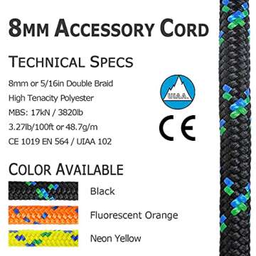 GM CLIMBING 8mm Accessory Cord Rope Double Braid Pre Cut CE/UIAA (Black, 20ft 8mm)