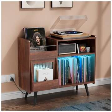 yacchi home Large Record Player Stand, 350 Vinyl Record Storage Holder, Record Player Table with Power Outlet and LED Light, Record Storage Turntable Stand Wood Cabinet for Living Room,Office