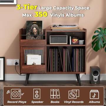 yacchi home Large Record Player Stand, 350 Vinyl Record Storage Holder, Record Player Table with Power Outlet and LED Light, Record Storage Turntable Stand Wood Cabinet for Living Room,Office