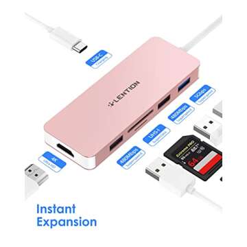 LENTION USB C Hub with 4K HDMI, SD/Micro SD Card Reader, USB 3.0, USB 2.0 and Charging Compatible 2023-2016 MacBook Pro, New Mac Air/Surface, More, Stable Driver Certified Adapter (CB-C17, Rose Gold)