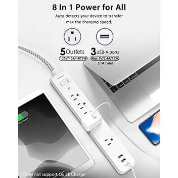 2 Pack Power Strip Surge Protector - 5 Widely Spaced Outlets 3 USB Charging Ports, 1875W/15A with 5Ft Braided Extension Cord, Flat Plug, Overload Surge Protection, Wall Mount for Home Office,White