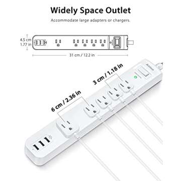 2 Pack Power Strip Surge Protector - 5 Widely Spaced Outlets 3 USB Charging Ports, 1875W/15A with 5Ft Braided Extension Cord, Flat Plug, Overload Surge Protection, Wall Mount for Home Office,White