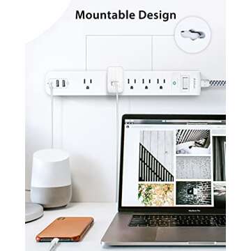 2 Pack Power Strip Surge Protector - 5 Widely Spaced Outlets 3 USB Charging Ports, 1875W/15A with 5Ft Braided Extension Cord, Flat Plug, Overload Surge Protection, Wall Mount for Home Office,White