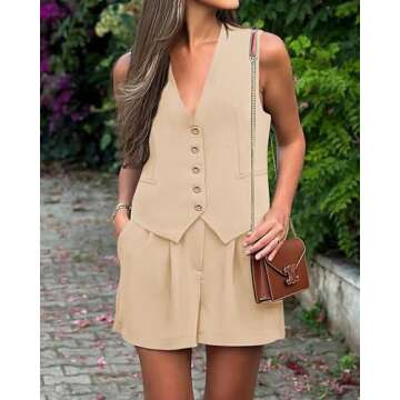 PRETTYGARDEN Two Piece Outfits for Women 2024 Summer Sleeveless Vest Pant Suits Business Casual Clothes for Work Office(Solid Khaki,Small)