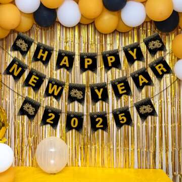 New Year Decorations 2025,Happy New Year Banner with Shiny Letters, 2025 New Year Eve Party Supplies, Premium Black and Gold Party Decorations for New Year Holiday Indoor Outdoor