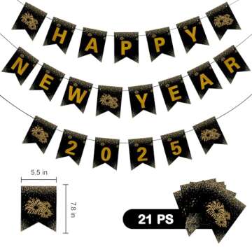 New Year Decorations 2025,Happy New Year Banner with Shiny Letters, 2025 New Year Eve Party Supplies, Premium Black and Gold Party Decorations for New Year Holiday Indoor Outdoor