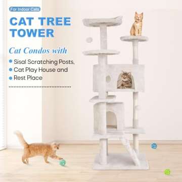 FDW Cat Tree 54in Cat Tower Multi-Level Durable Cat Scratching Post & Cozy Fun Cat Jumping Platform Space Saving Cat Condo Pet Play House for Indoor Cats,Beige