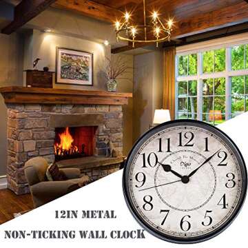 JUSTUP Wall Clock, 12 inch Metal Silent Non-Ticking Retro Clock Black Vintage European Style Battery Operated with HD Glass Easy to Read for Office School Indoor decor