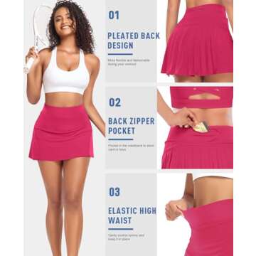 Pleated Tennis Skirts for Women with Pockets Shorts Athletic Golf Skorts Running Workout Sports Activewear Skirt (Hot Pink, XX-Small)