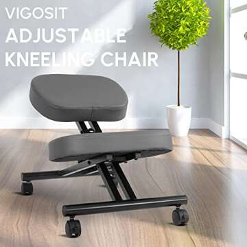 Vigosit Ergonomic Kneeling Chair, Office Kneeling Chair with Thick Memory Foam Cushions, Adjustable Kneeling Chair with Brake Gliding Casters for Office and Home (Grey)