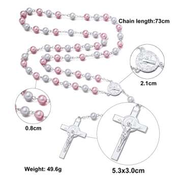 Rosary Beads Catholic for Woman - 8mm Pink & White Pearl Beads Rosary Necklace St Benedict Rosaries Catholic Gifts