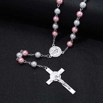 Rosary Beads Catholic for Woman - 8mm Pink & White Pearl Beads Rosary Necklace St Benedict Rosaries Catholic Gifts