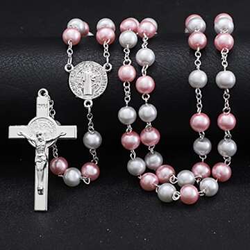 Rosary Beads Catholic for Woman - 8mm Pink & White Pearl Beads Rosary Necklace St Benedict Rosaries Catholic Gifts