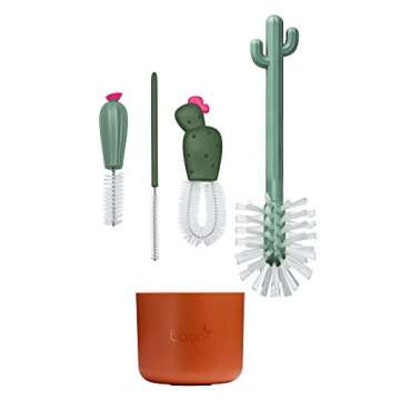 Boon Cacti Bottle Cleaning Brush Set - Includes Bottle Brush, Nipple Brush, Detail Brush, and Straw Brush - Baby Bottle Brush Set for Bottle Drying Rack - Baby Essentials - 4 Count