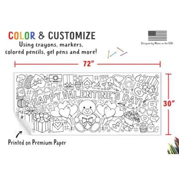 Tiny Expressions Giant Coloring Poster for Kids, Happy Valentine's Day - Rolled, No Creases 30" x 72" Coloring Table Cloth for Kids Activity - Valentines Day Crafts