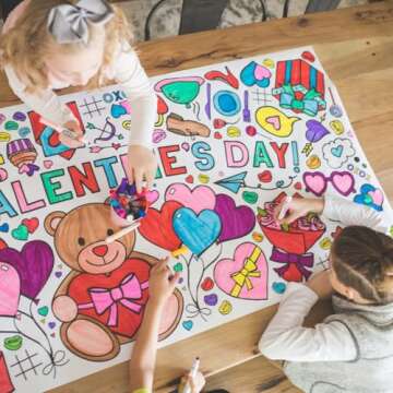 Tiny Expressions Giant Coloring Poster for Kids, Happy Valentine's Day - Rolled, No Creases 30" x 72" Coloring Table Cloth for Kids Activity - Valentines Day Crafts