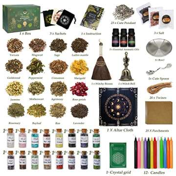 New Witchcraft Supplies Witch Stuff Spell Kit, 127 Packs Wiccan Supplies and Tools, Including Dried Herb Crystal Candle Bell Broom Altar Cloth Bowl Black Salt, Witch Gift Starter Kit Altar Supplies