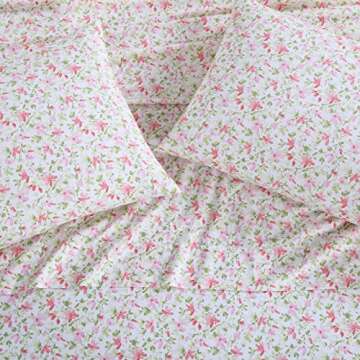 Laura Ashley - Twin XL Sheets, Cotton Percale Bedding Set, Lightweight & Breathable Home Decor, Dorm Room Essentials (Norella Pink, Twin XL)