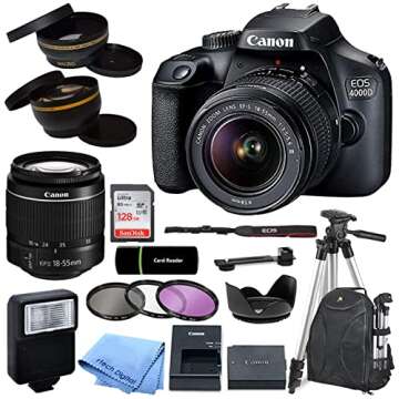 Canon EOS 4000D / Rebel T100 DSLR Camera with EF-S 18-55mm Zoom Lens + SanDisk 128GB Memory Card + Tripod + Case + Wideangle Lenses + Rtech Digital Cloth (20pc Bundle), Black (Renewed)