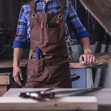 Texas Canvas Wares Woodworking Apron, Heavy Duty Waxed Canvas Work Apron With Pockets - M-XL Shop Apron for Men with Double Stitching, and Comfy Design - Brown, Adjustable Back Straps