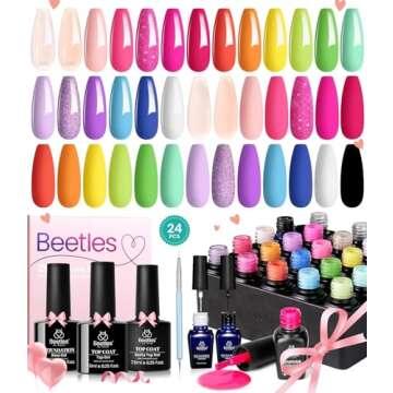 Beetles 24Pcs Gel Nail Polish Set with Base Gel Top Coat White Black Liner Gel Nail Art Brush, Gel Polish Kit Neon Bright Blue Pink Purple Jelly Gel Polish Soak Off Uv Gel Nail Kit Valentines Day Gift