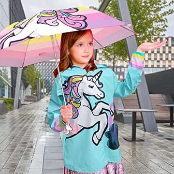 addie & tate Rain Coats for Girls and Boys & Kids Umbrella Set - Toddler Umbrellas for Rain - Kids Raincoat for Boys, Girls Rain Jacket for 3-5 (Unicorn Design)