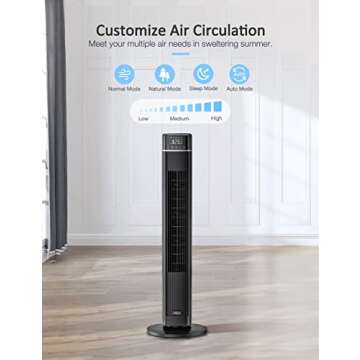 VCK Tower Fan for Bedroom, 90° Oscillating Fan with 26ft/s Velocity,40" Cooling Floor Fan with Smart Remote,Touch Control, 3 Speeds, 4 Modes, 12H Timer, Quiet Bladeless Standing Fan for Home,Office