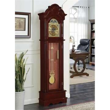 BOWERY HILL Grandfather Clock with Adjustable Volume Digital Chime in Brown Red