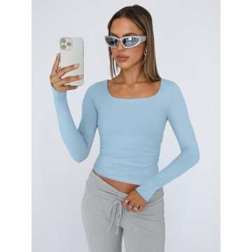 Trendy Queen Womens Long Sleeve Shirts Crop Tops Basic Tight Slim Fit Y2K T Shirts Winter Clothes 2024 Baby Blue 2XS