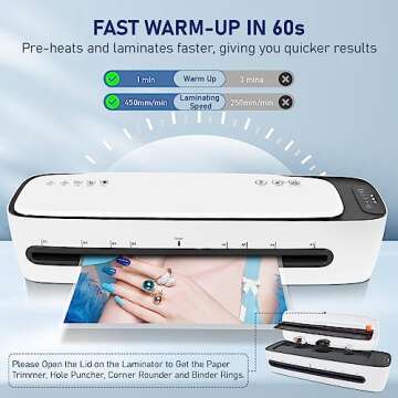 Laminator 13 Inch A3 Laminator Machine, 9 in 1 Desktop Thermal Laminator Never Jam 40 Laminating Pouches, Paper Trimmer and Corner Rounder, 1Min Fast Warm-Up Home Office School Use, White