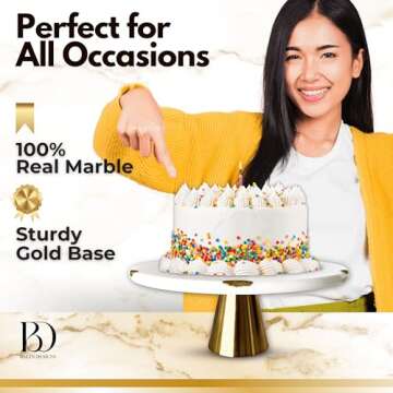 Real Marble Cake Stand by Balin Designs - White Marble 12" Round Cake Stand with Gold Stand - Smoothly Versatile Cake, Cupcake Stand - Ideal for Birthday Parties, Showers, Weddings Parties & Events