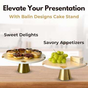 Real Marble Cake Stand by Balin Designs - White Marble 12" Round Cake Stand with Gold Stand - Smoothly Versatile Cake, Cupcake Stand - Ideal for Birthday Parties, Showers, Weddings Parties & Events