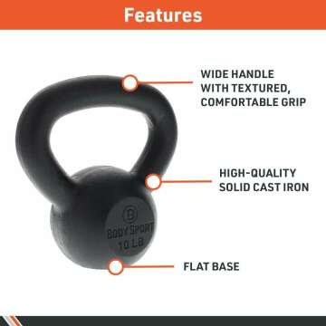 Body Sport Cast Iron Kettlebell Weight, Strength Training Equipment for Home Gym, Black