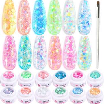 Clara Colors Sparkle Glitter Gel Nail Polish Set，12 Colors Neon Trendy Translucent Pink Gold Blue Green Glitter Sequin Gel Nail Polish Soak Off UV LED Solid Gel Nail Polish Manicure Kit With Brush