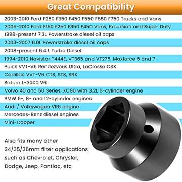 Fuel Filter/Oil Filter Socket 24mm / 36mm Reversible Fuel Filter Cap Remover and Installer Assistant for 2003-2010 6.0L / 6.4L Ford Powerstroke Diesel (Black)