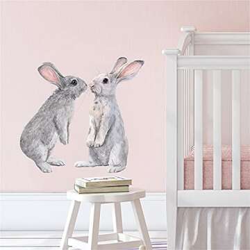 ROFARSO Lifelike Lovely Cute Two Bunnies Rabbits Animal Wall Stickers Removable Wall Decals Art Decorations Decor for Nursery Baby Bedroom Playroom Living Room Murals