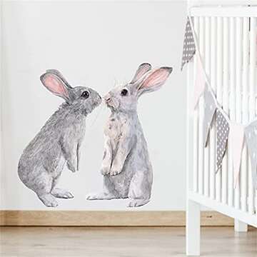 ROFARSO Lifelike Lovely Cute Two Bunnies Rabbits Animal Wall Stickers Removable Wall Decals Art Decorations Decor for Nursery Baby Bedroom Playroom Living Room Murals