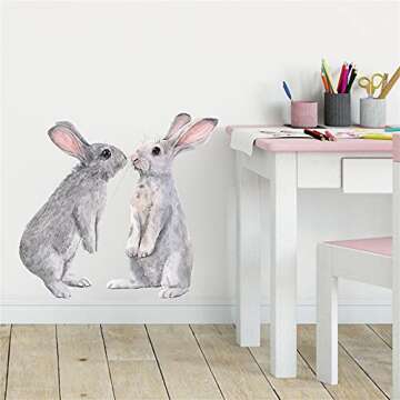 ROFARSO Lifelike Lovely Cute Two Bunnies Rabbits Animal Wall Stickers Removable Wall Decals Art Decorations Decor for Nursery Baby Bedroom Playroom Living Room Murals